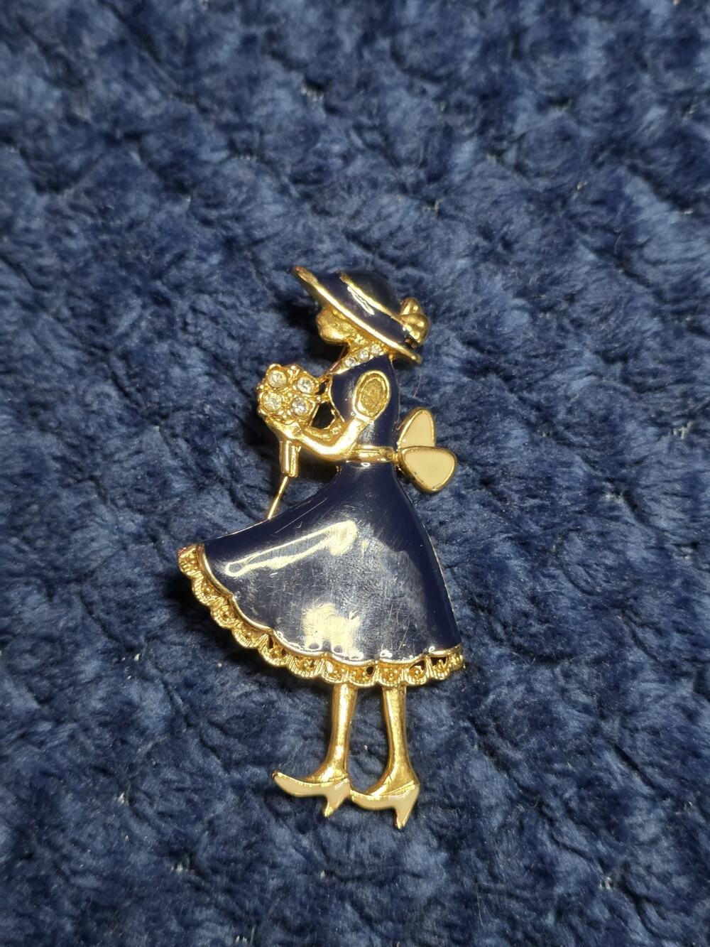 Vintage Enamel Southern Belle Lady Brooch Navy Blue Dress Flower Bouquet Pin